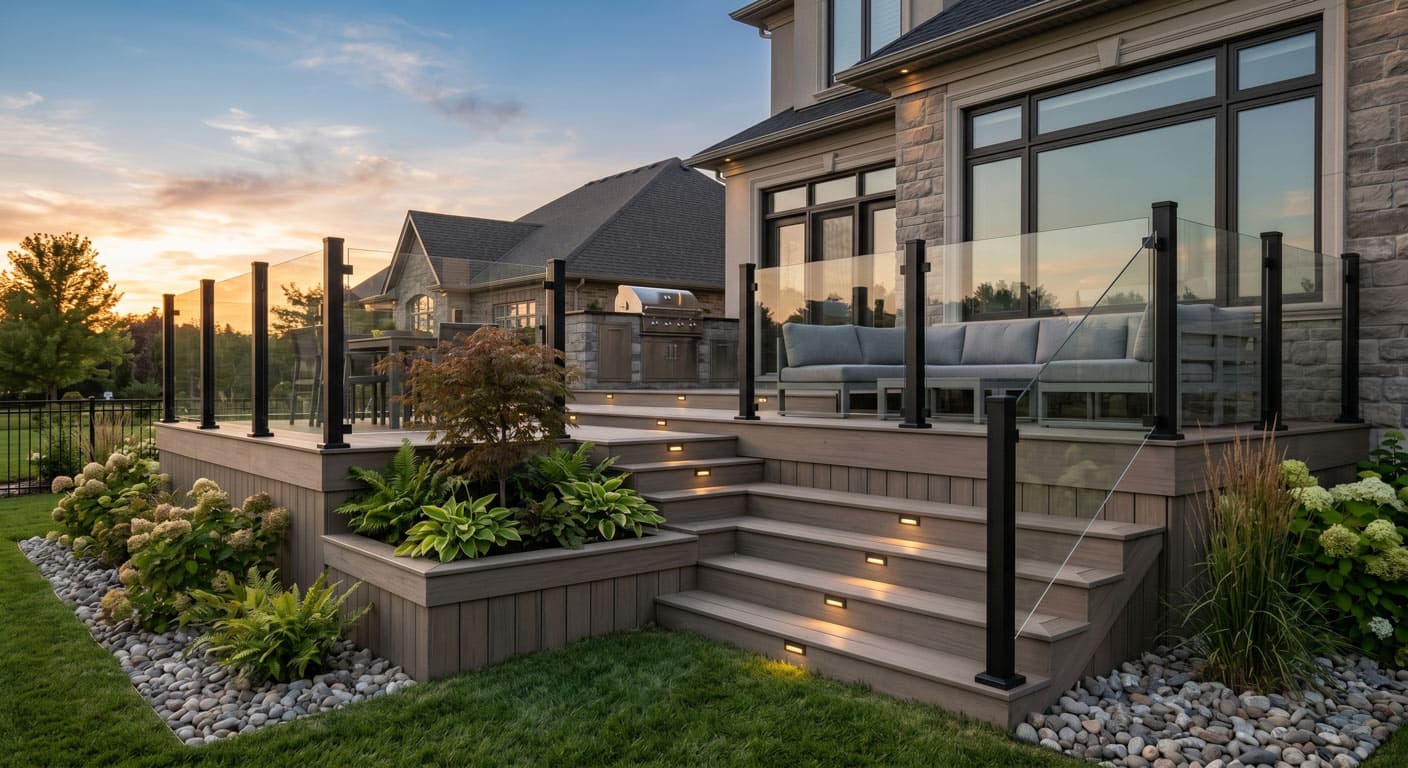 Multi-tier composite deck with glass railing in Niagara-on-the-Lake