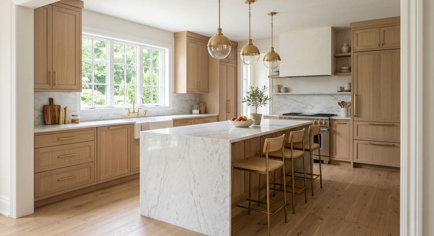 White oak shaker kitchen with marble waterfall counter in Pelham