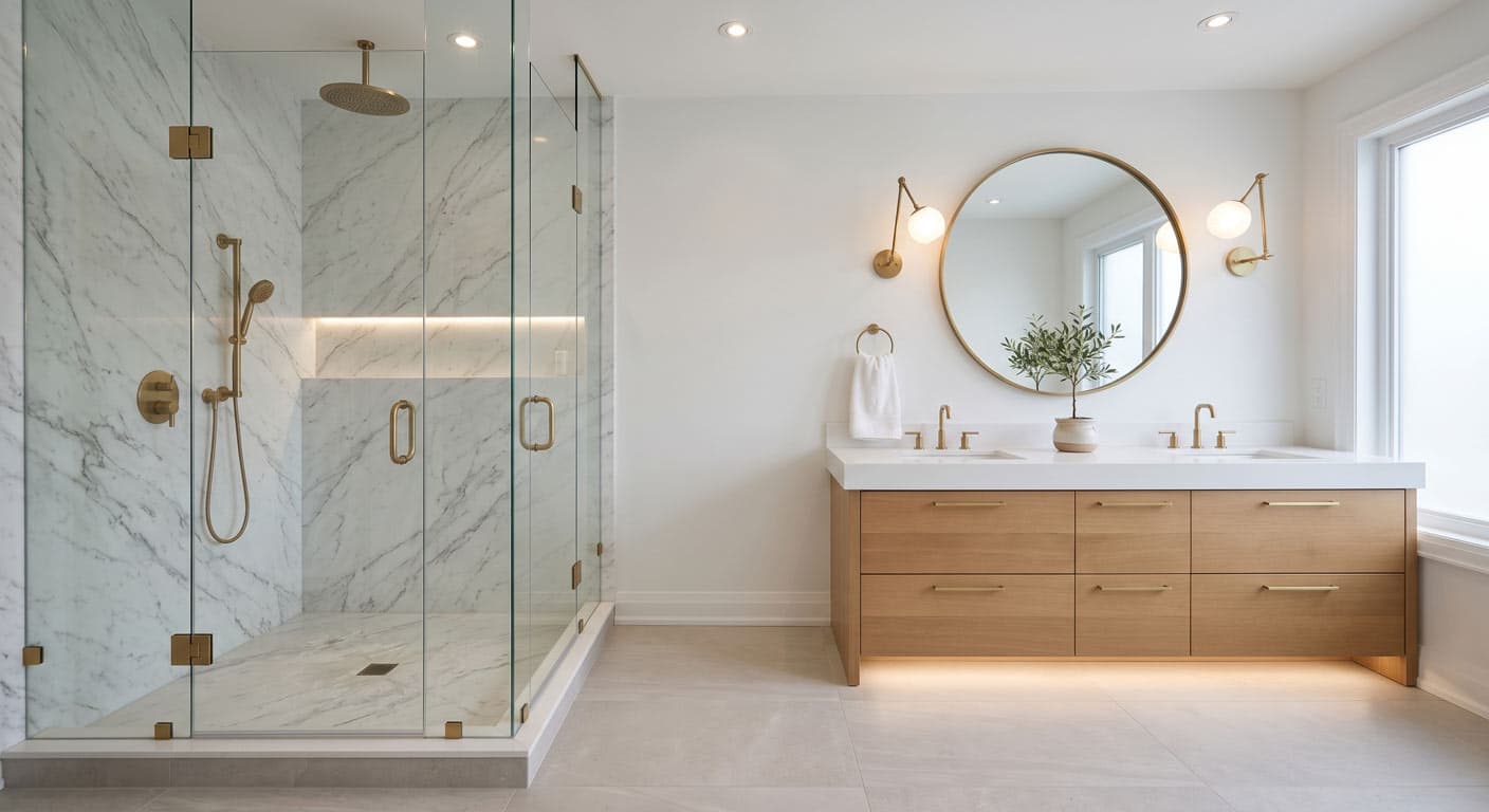 Master ensuite renovation with marble walk-in shower in Fonthill