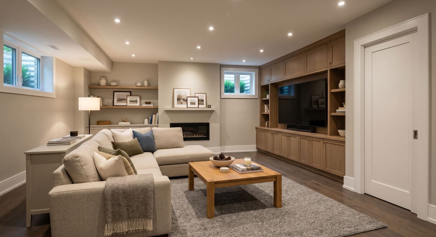 Finished basement family room with built-in shelving in Grimsby